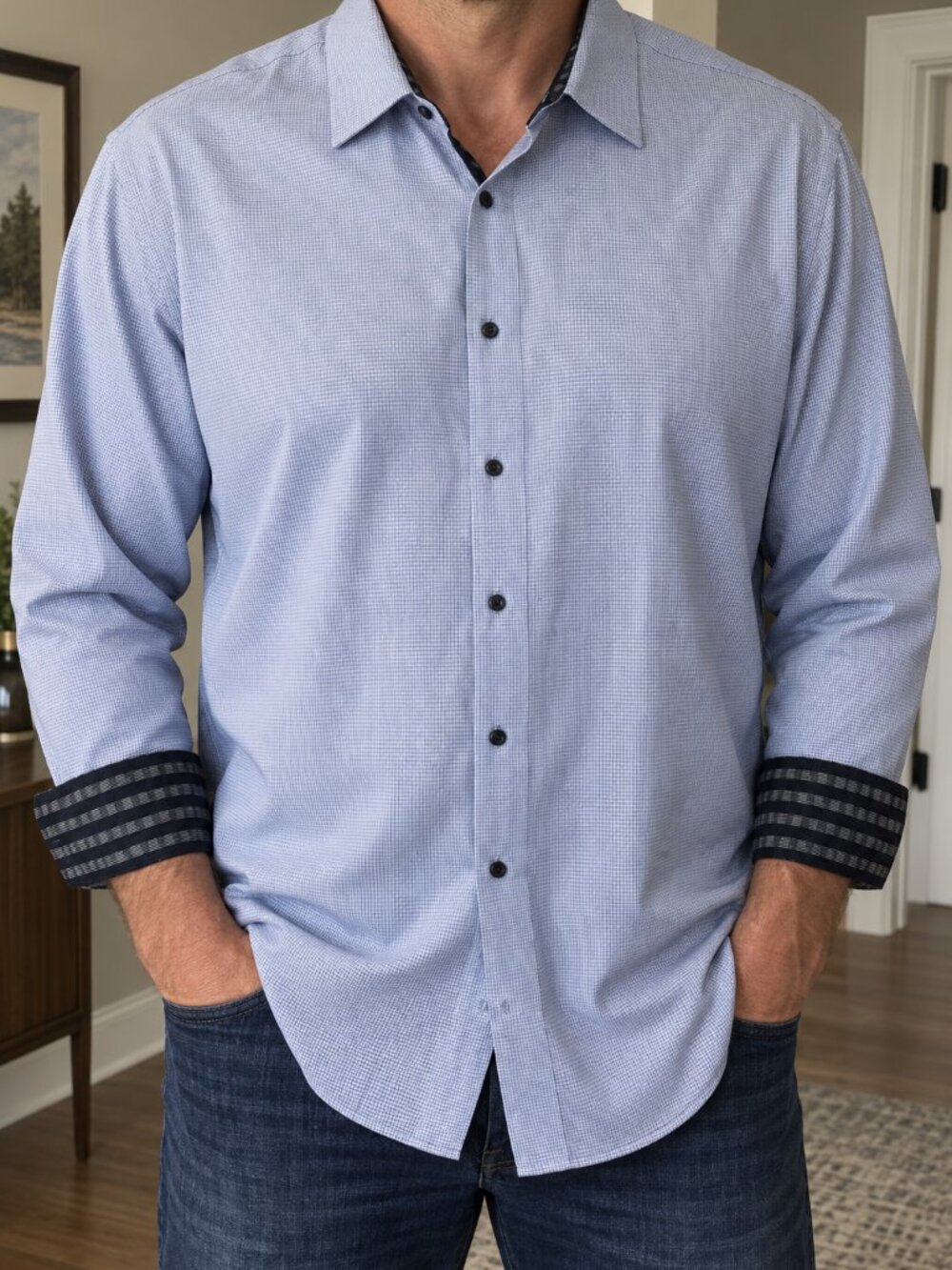 Report Collection Men’s 3XT Blue Micro Grid Long Sleeve Dress Shirt